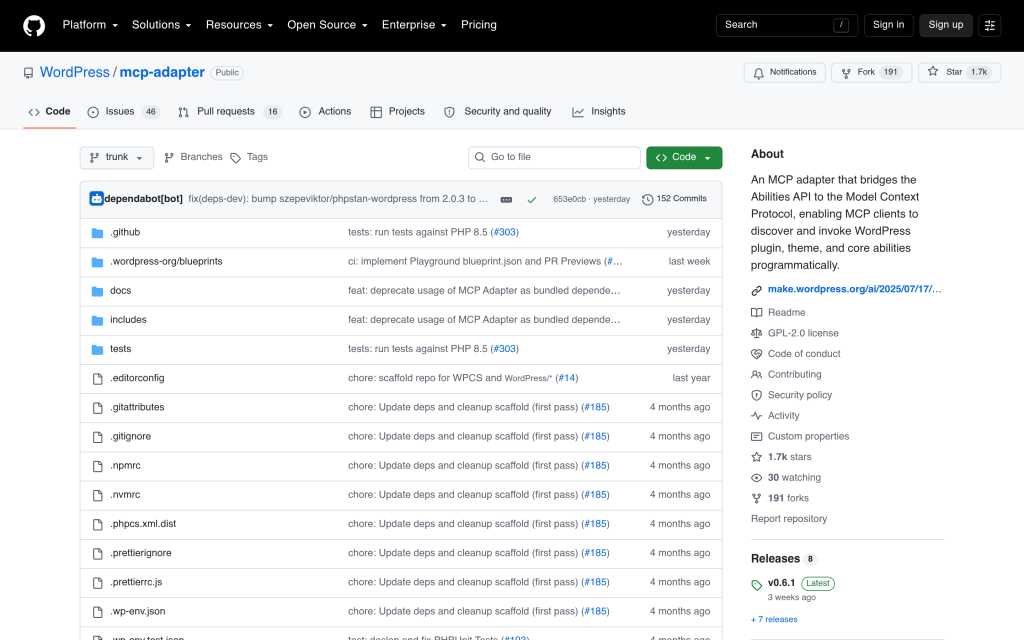 GitHub repository page for WordPress mcp-adapter, the official package bridging the Abilities API to MCP