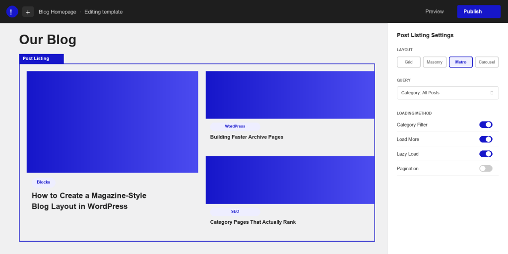 Custom mockup of the WordPress block editor with the Post Listing block set to Metro layout and its settings panel