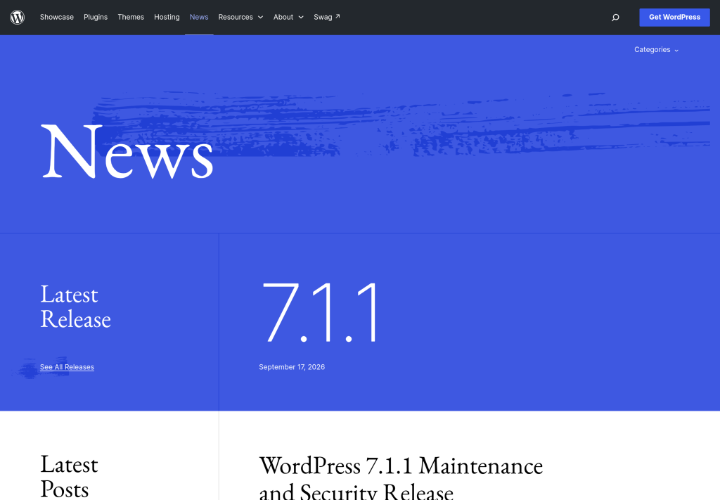 WordPress.org News page using a plain stacked list layout, a contrast to a magazine-style grid