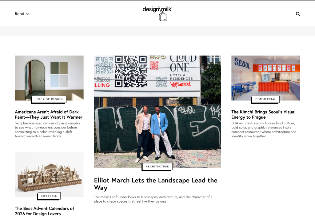 Design Milk homepage using a real masonry layout with variable card heights