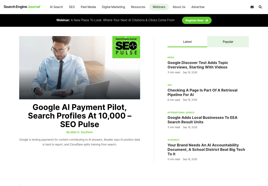 Search Engine Journal homepage showing a large featured story next to a list of smaller posts