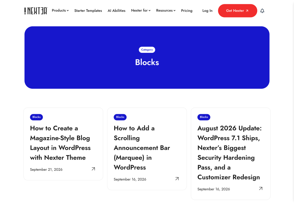 Nexter Blocks category archive page showing the category badge and a filtered post grid