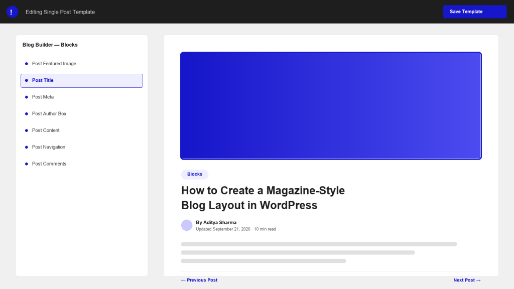 Custom mockup of the Blog Builder single post template with the block list and a live preview
