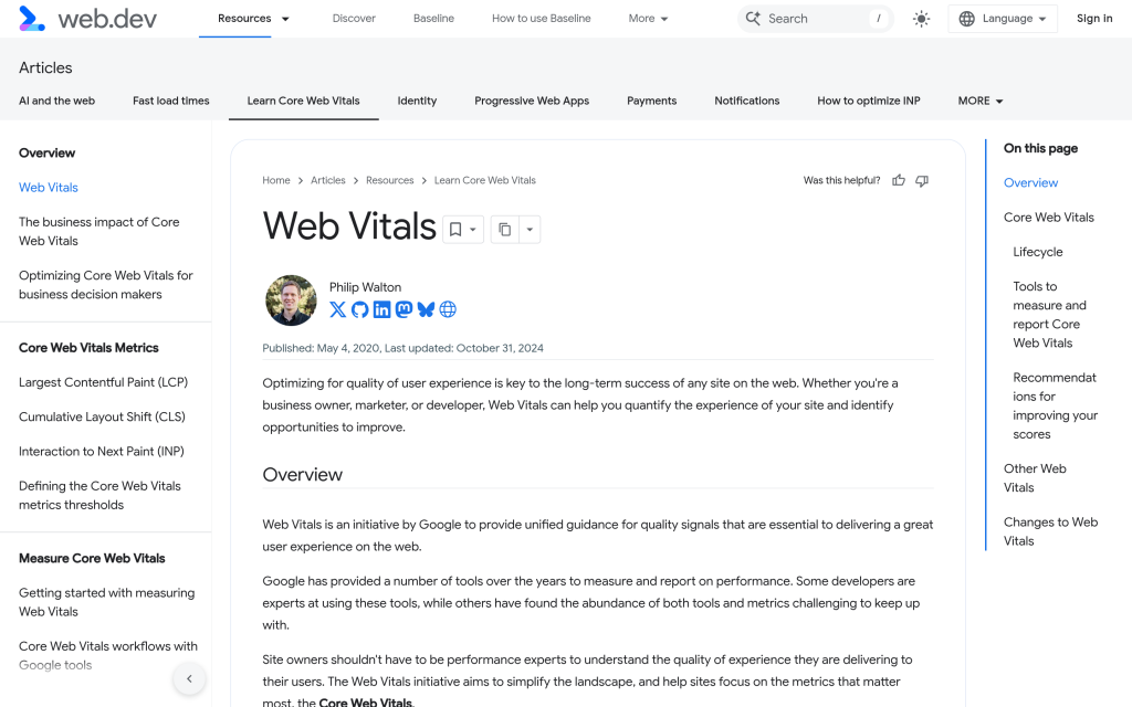 Google web.dev Core Web Vitals overview page listing LCP, CLS, and INP metrics