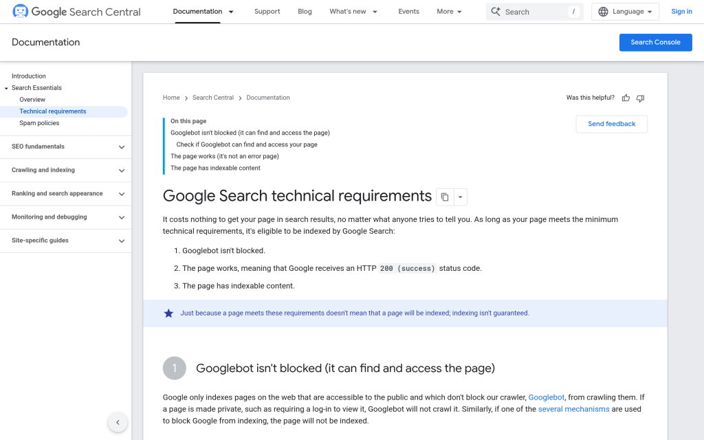Google Search Central Search Essentials technical requirements documentation page