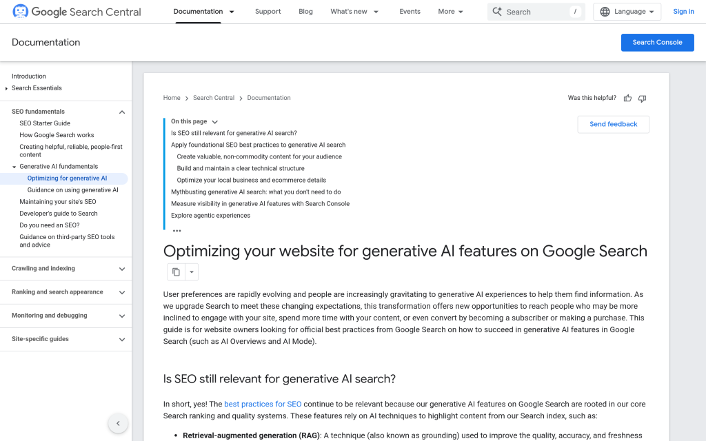Google Search Central documentation page on optimizing websites for generative AI and agentic experiences
