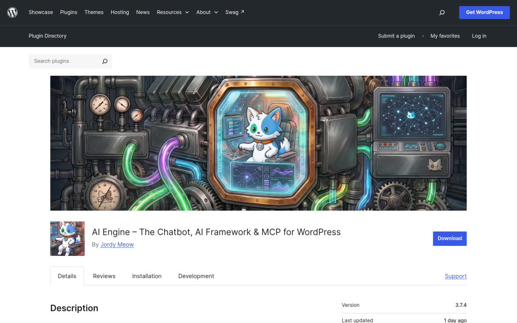 AI Engine plugin listing on WordPress.org showing version 3.7.4 with built-in MCP support
