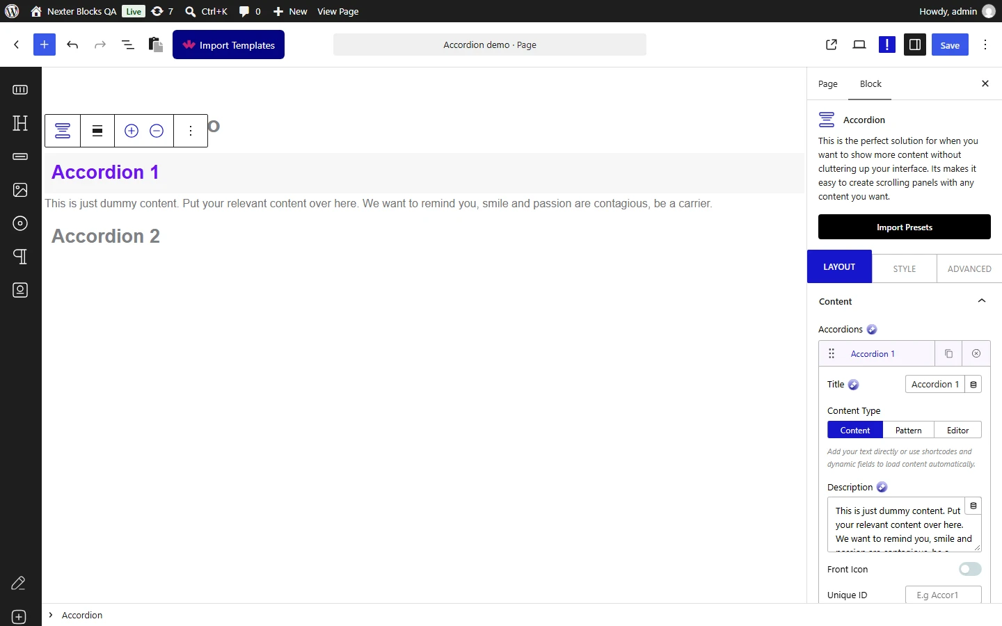 Nexter Blocks Accordion editor: Layout tab, Content panel with the first accordion item open showing its Title, Content Type and Description fields