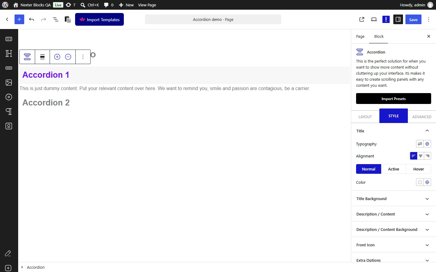 Nexter Blocks Accordion editor: Style tab with the Title panel open showing Typography, Alignment and Normal, Active and Hover colour settings