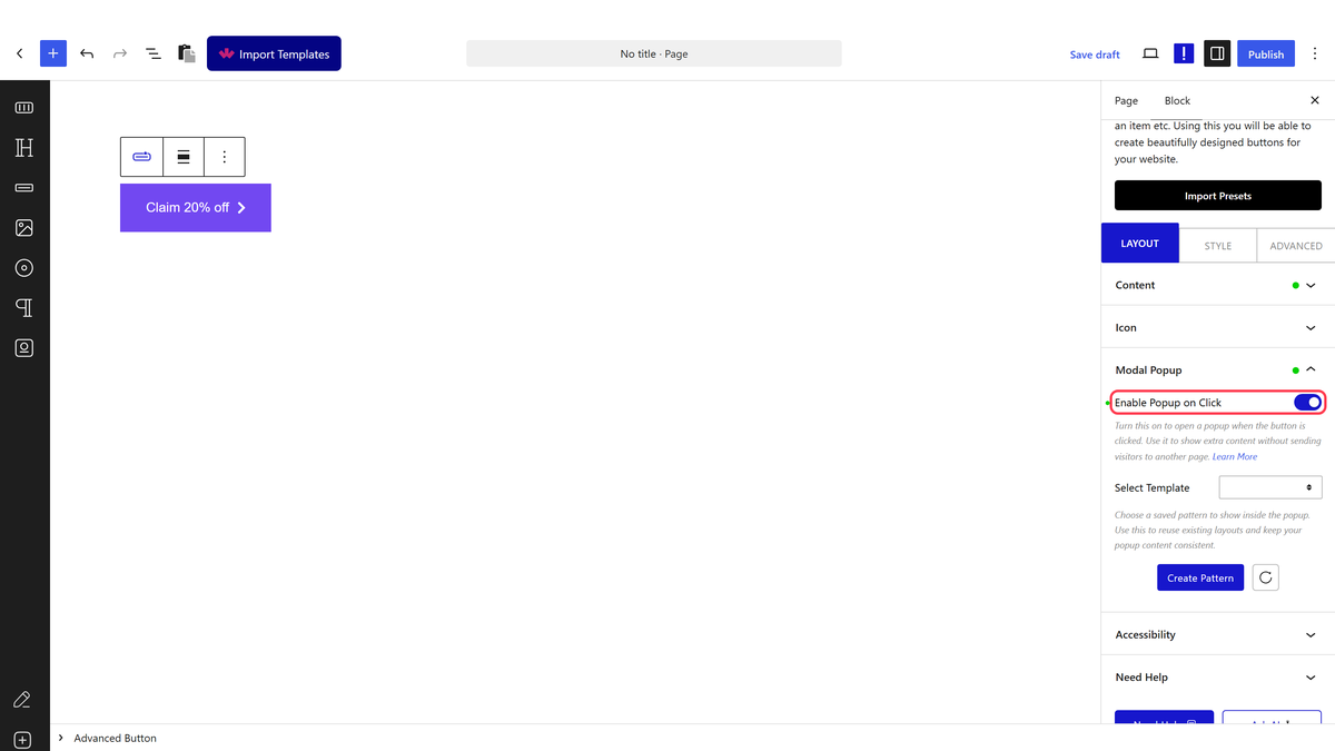 The Modal Popup panel with Enable Popup on Click turned on