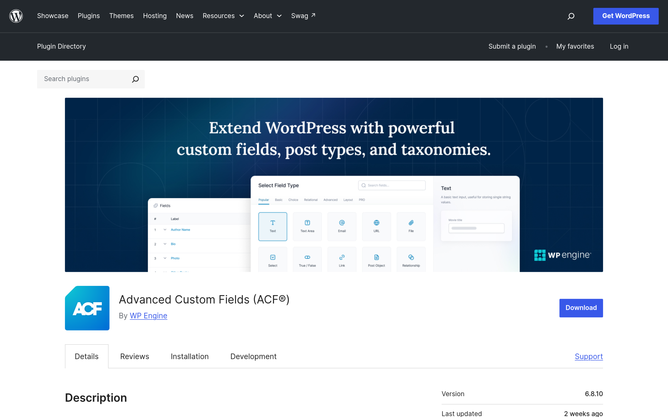 Advanced Custom Fields plugin page on WordPress.org