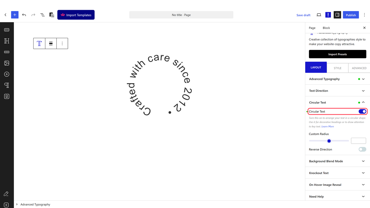 The Circular Text panel with the Circular Text switch on