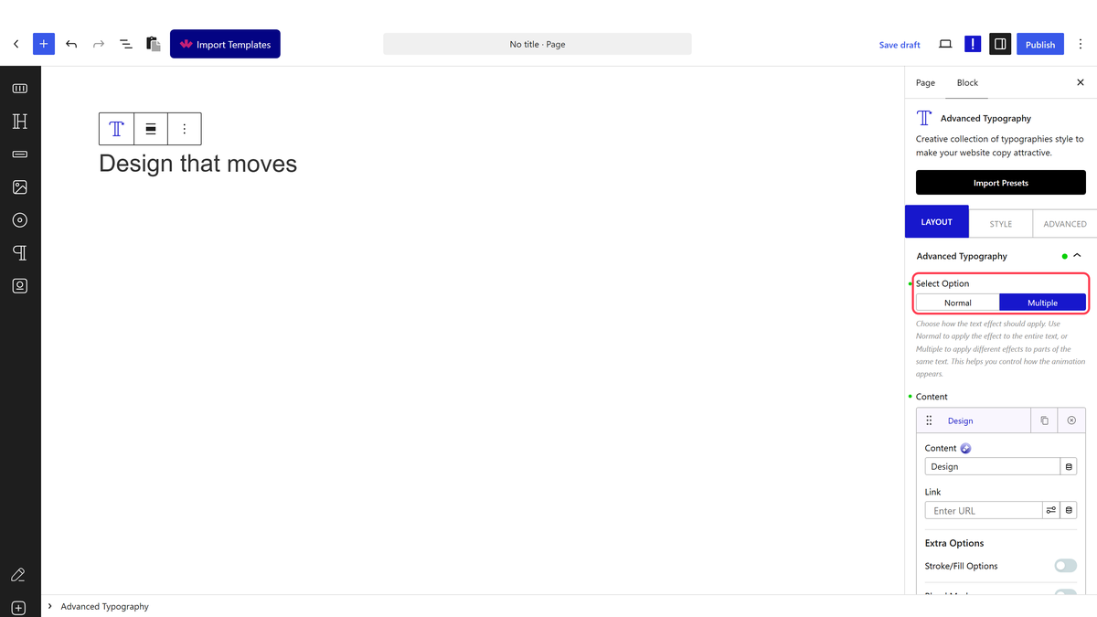 Multiple mode with three text items, each with its own settings
