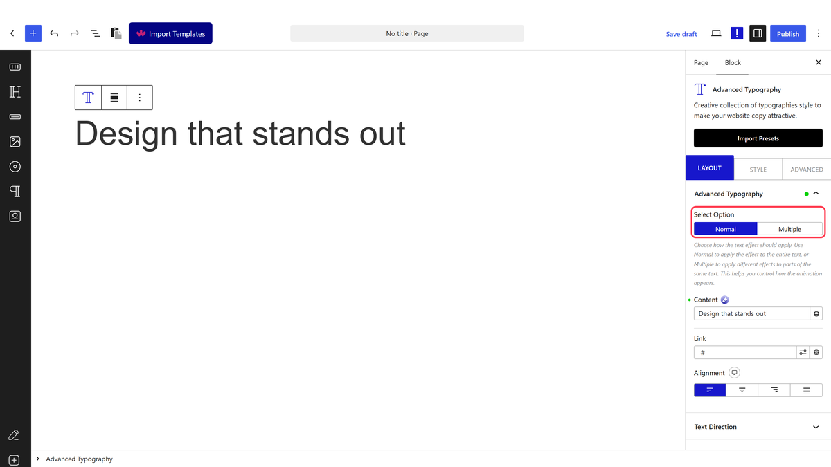 The Advanced Typography panel with Select Option, Content, Link and Alignment
