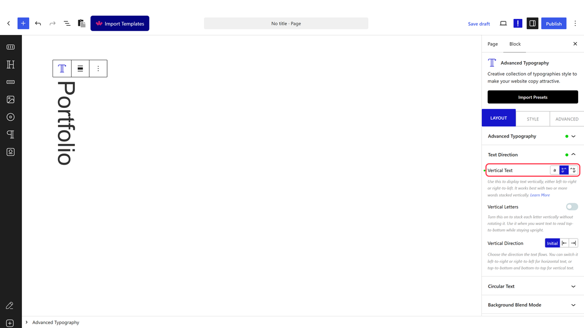 The Text Direction panel with Vertical Text set to Left to Right