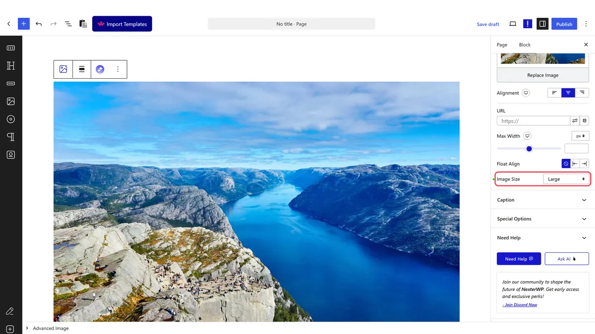 The Content panel with Image Size and Alignment
