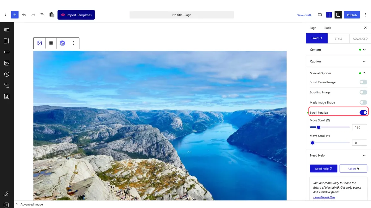 Scroll Parallax on, with Move Scroll (X) and Move Scroll (Y)