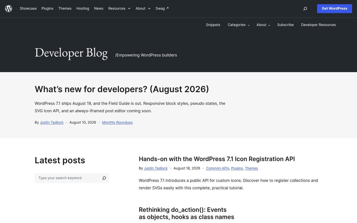 WordPress Developer Blog homepage covering core API and plugin development news