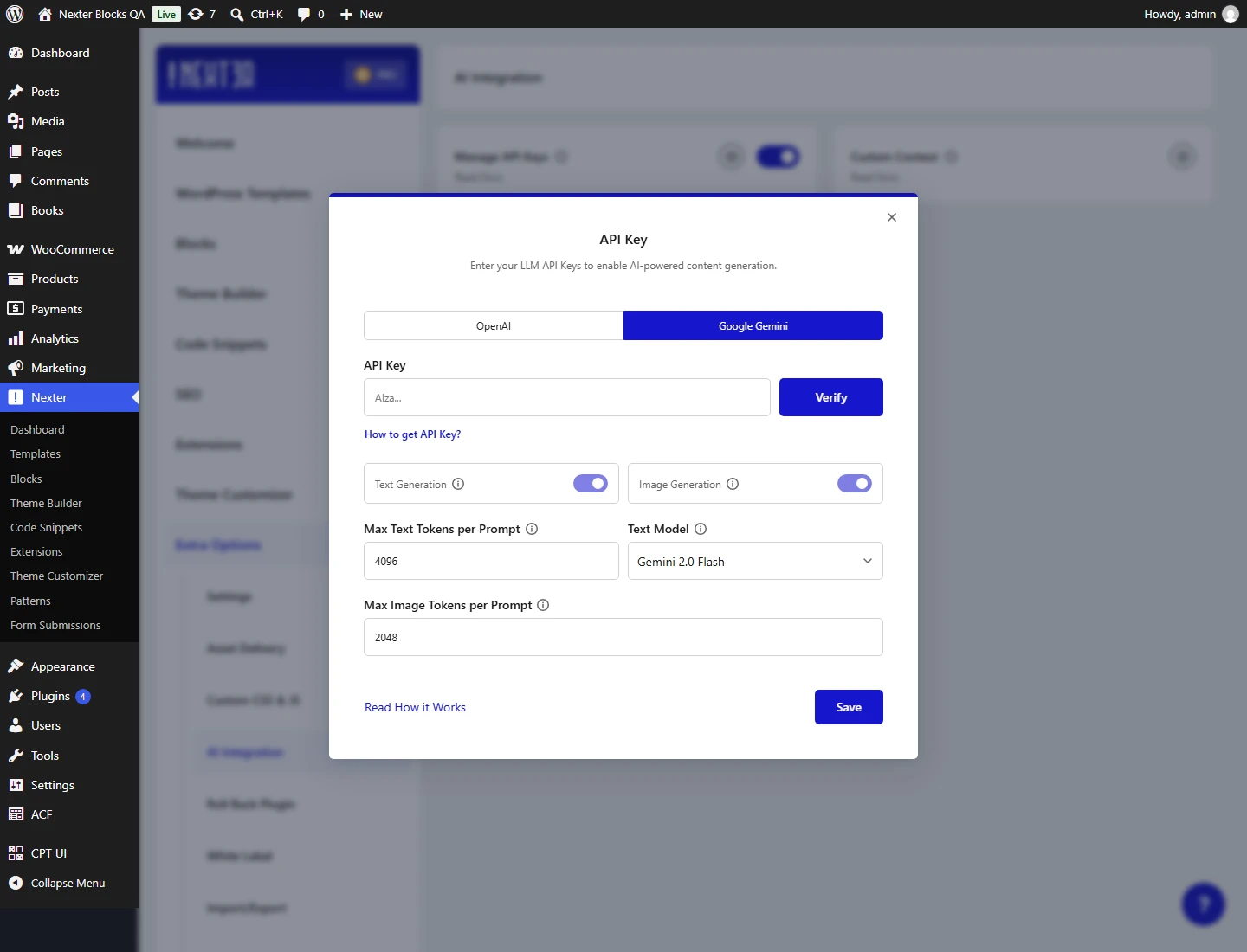 Nexter Blocks AI: the API Key dialog on the Google Gemini tab with the key field, Verify button and model settings