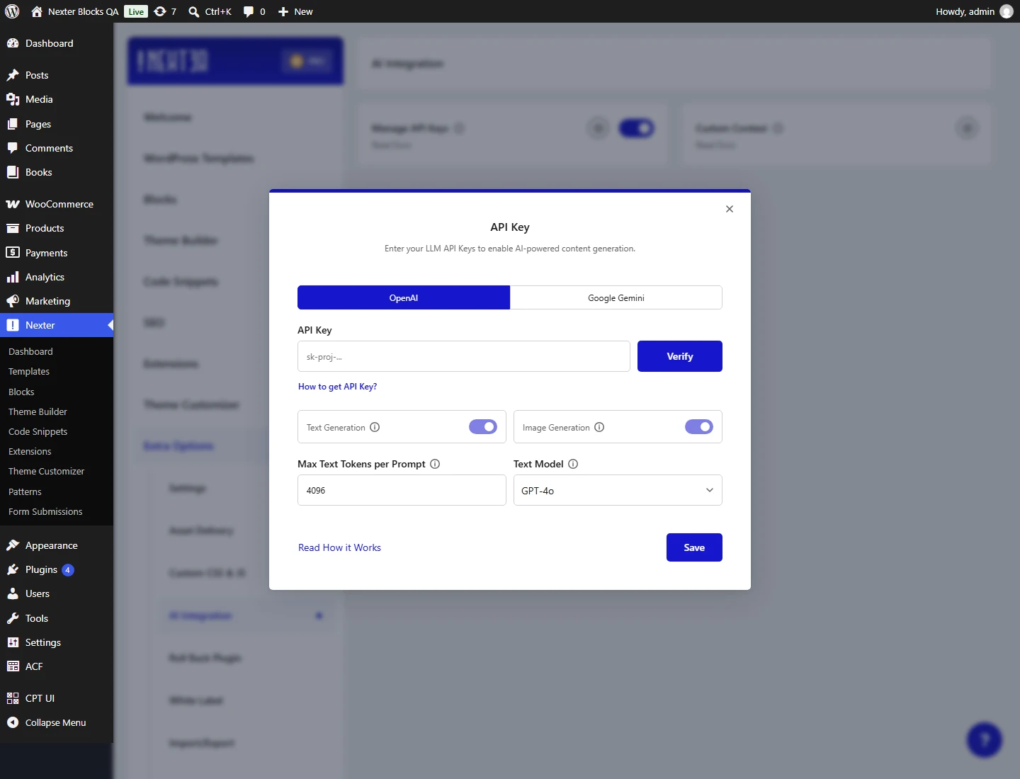 Nexter Blocks AI: the API Key dialog on the OpenAI tab with the key field, Verify button, Text and Image Generation switches and the model settings