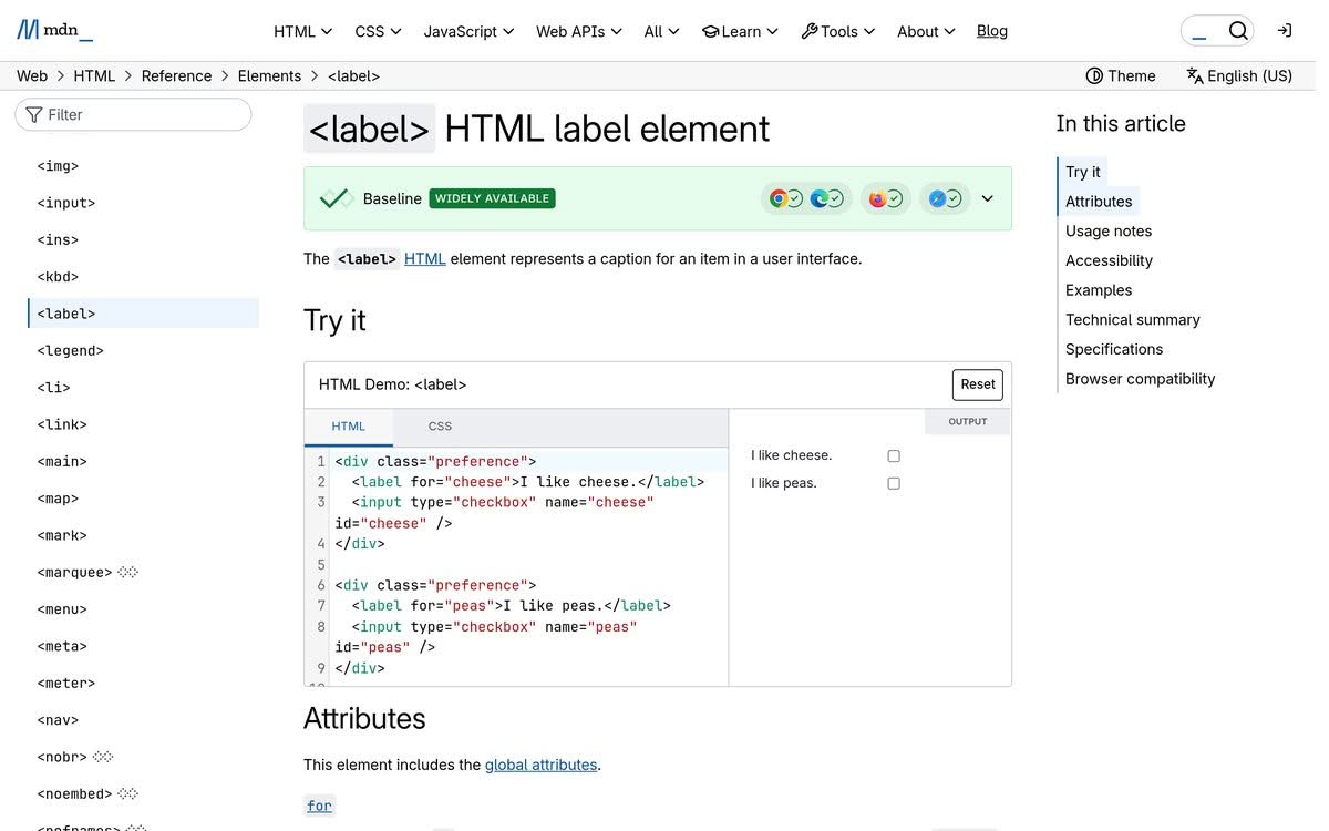 MDN documentation page for the HTML label element, showing the for and id attribute example