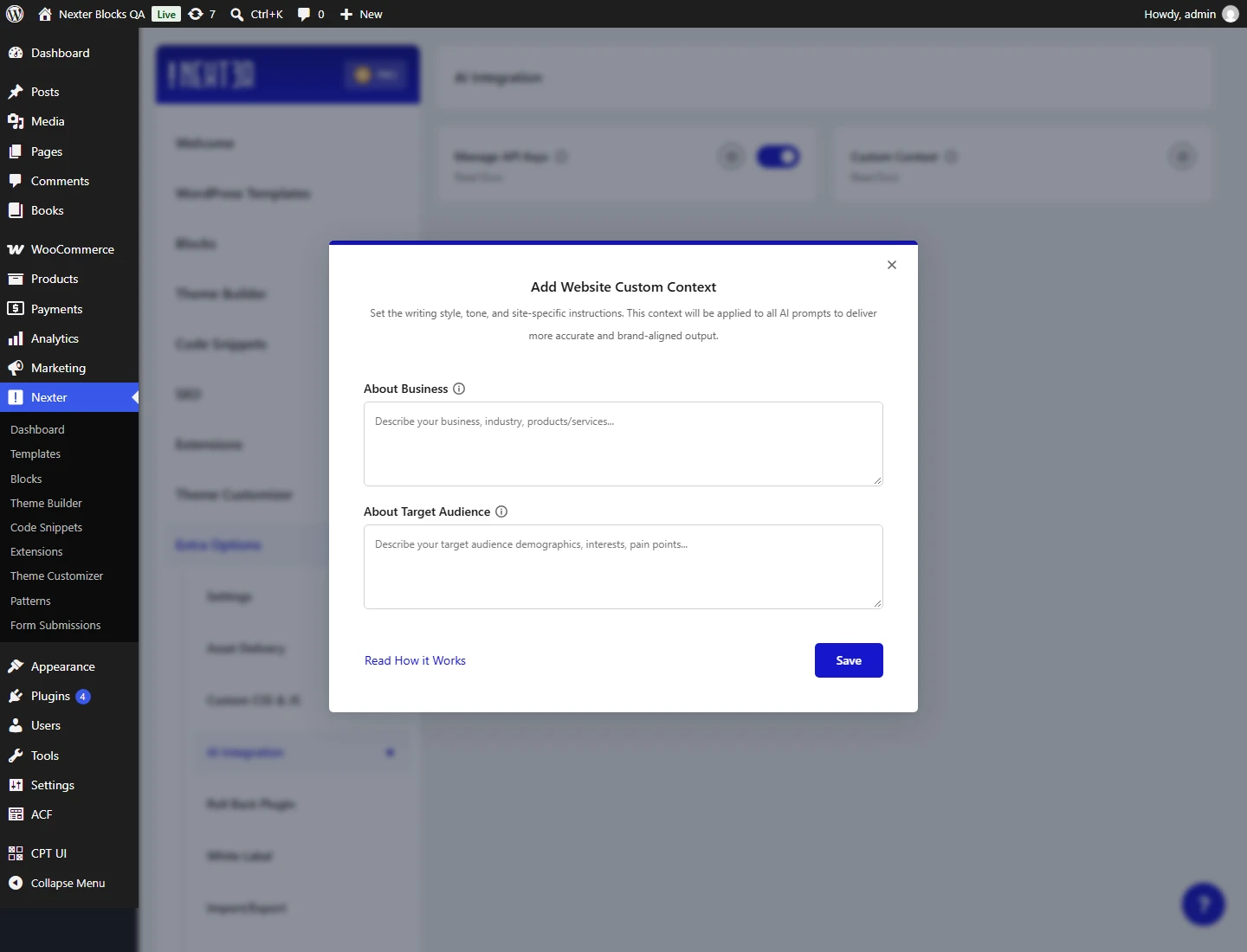 Nexter Blocks AI: the Custom Context dialog with the About Business and About Target Audience fields