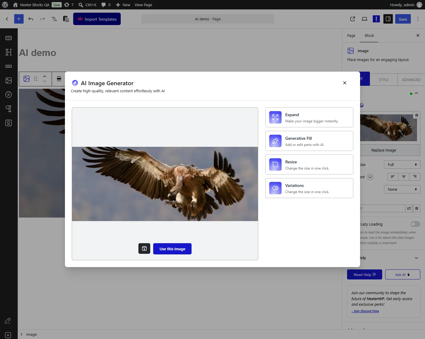 Nexter Blocks AI: the AI Image Generator dialog opened on an existing image, offering Expand, Generative Fill, Resize and Variations