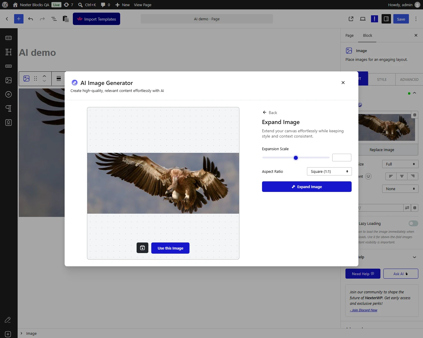 Nexter Blocks AI: the Expand Image panel with the Expansion Scale and Aspect Ratio options
