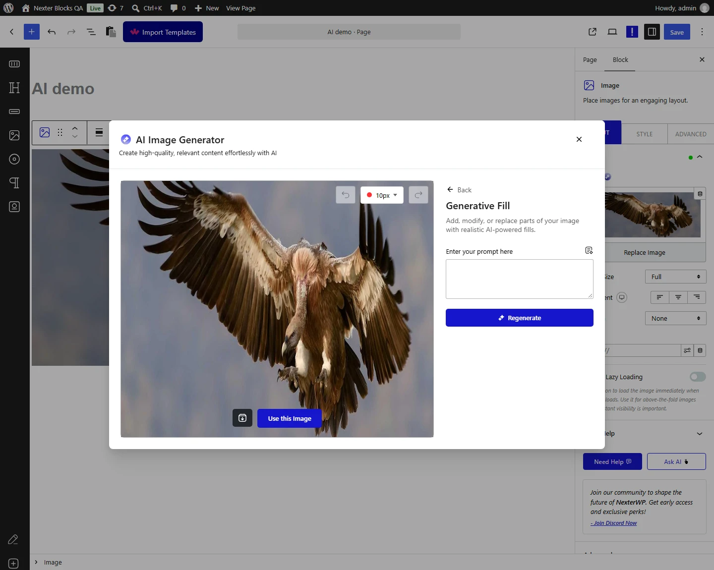 Nexter Blocks AI: the Generative Fill panel with a brush size control and a prompt field