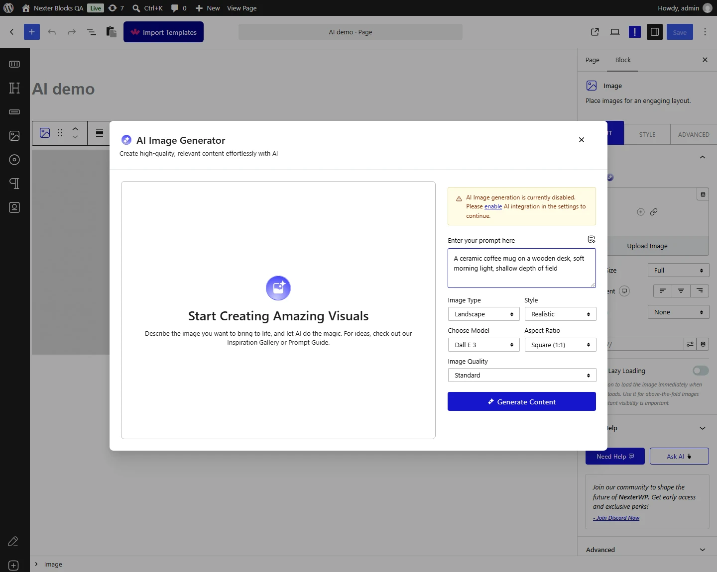 Nexter Blocks AI: the AI Image Generator dialog with a prompt, Image Type, Style, Dall E 3 model, Aspect Ratio and Image Quality fields (integration not yet enabled, so a warning is shown)