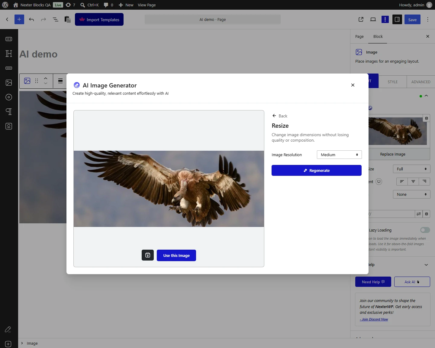 Nexter Blocks AI: the Resize panel with an Image Resolution selector