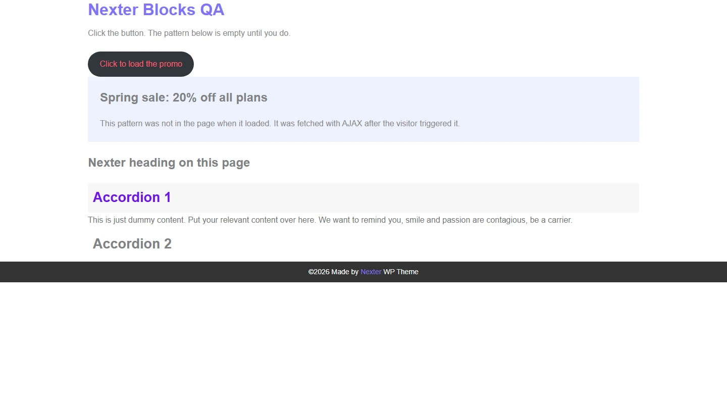 Front end after clicking a button that carries the click trigger classes: the Spring sale pattern has loaded into the shortcode placeholder below it