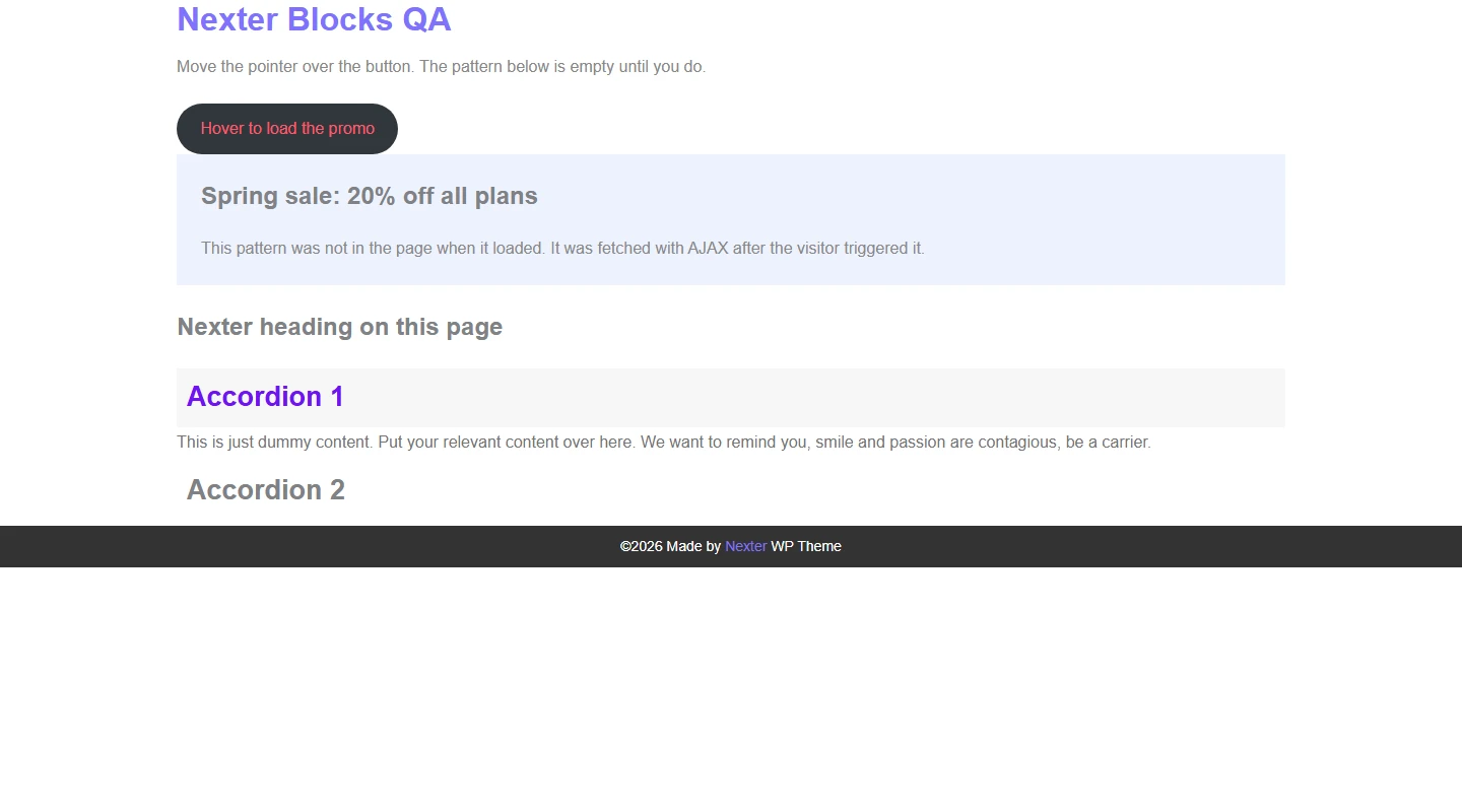 Front end after hovering a button that carries the hover trigger classes: the Spring sale pattern has loaded into the shortcode placeholder below it