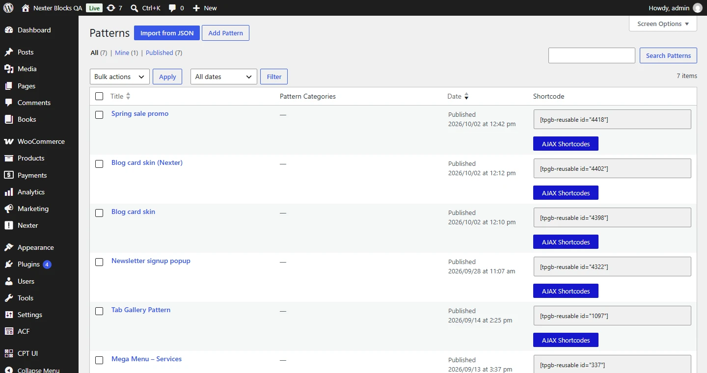 The Patterns list in the WordPress dashboard: each pattern shows its shortcode and an AJAX Shortcodes button