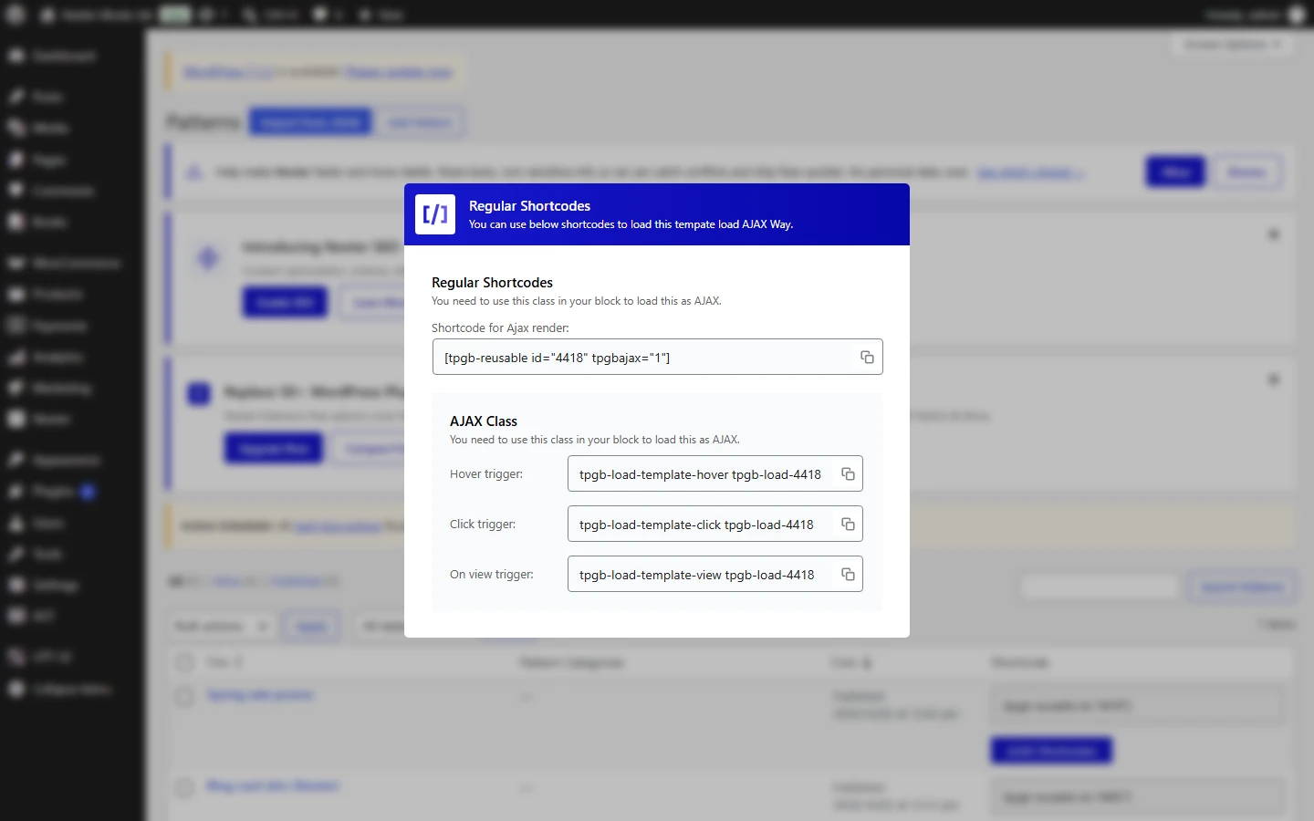 The AJAX Shortcodes dialog showing the AJAX shortcode and the hover, click and on view trigger classes for one pattern
