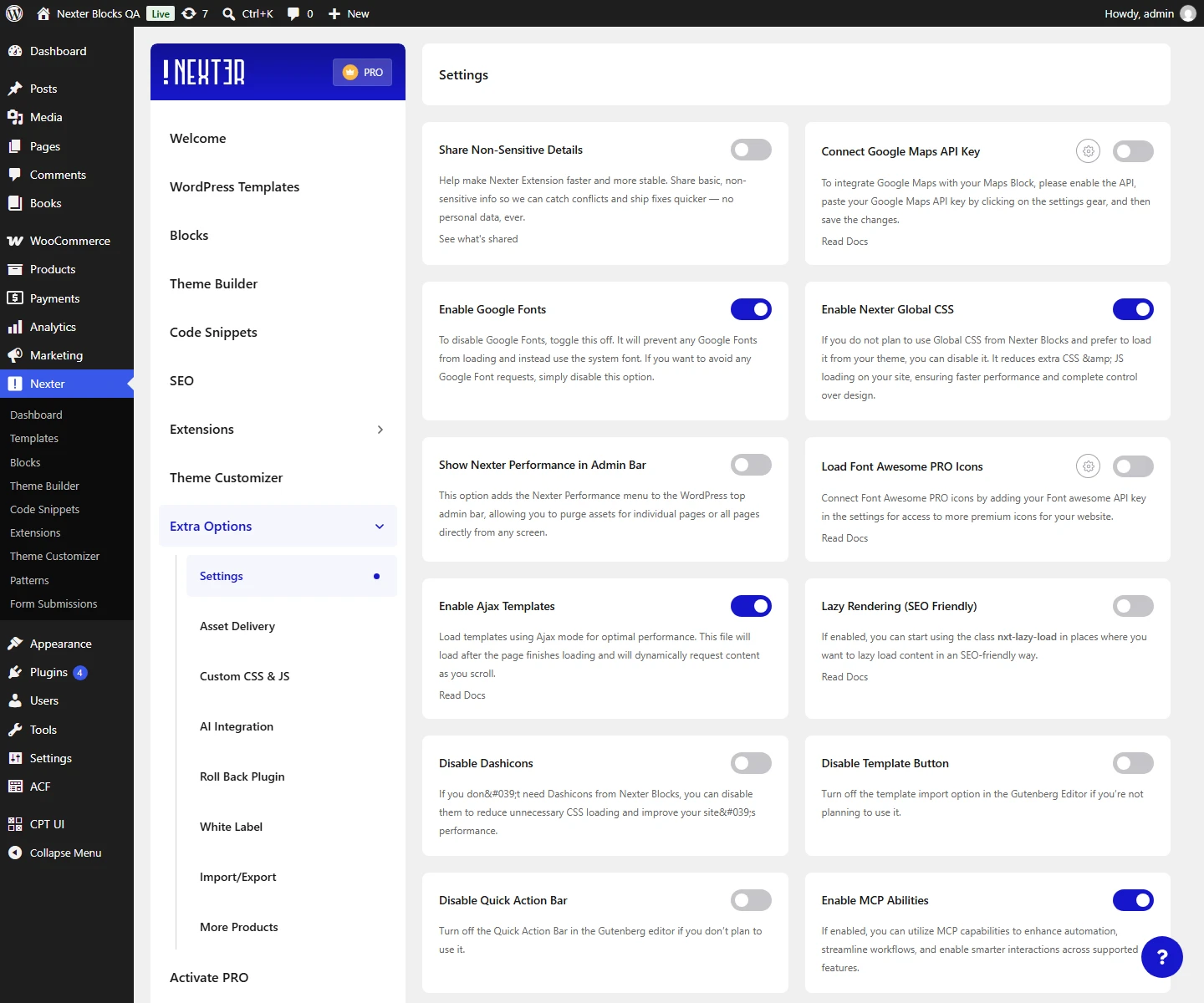 Nexter Extra Options, Settings screen with the Enable Ajax Templates switch turned on