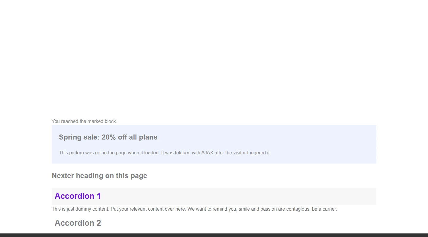 Front end after scrolling to a block that carries the on view trigger classes: the Spring sale pattern has loaded into the shortcode placeholder below it
