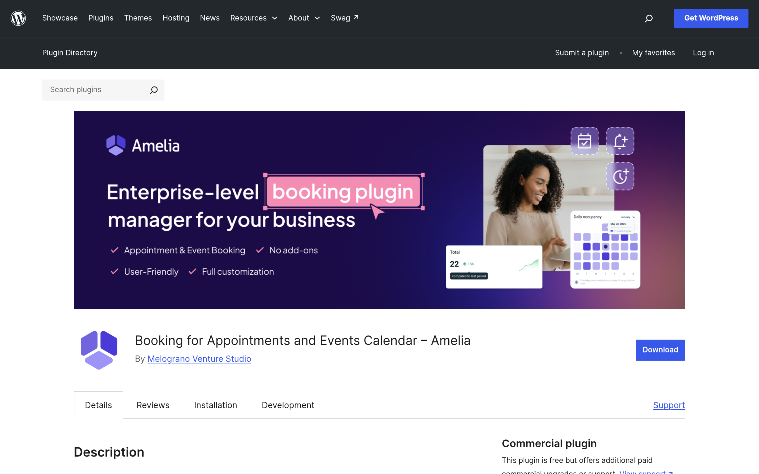 Amelia appointment booking plugin listing on WordPress.org