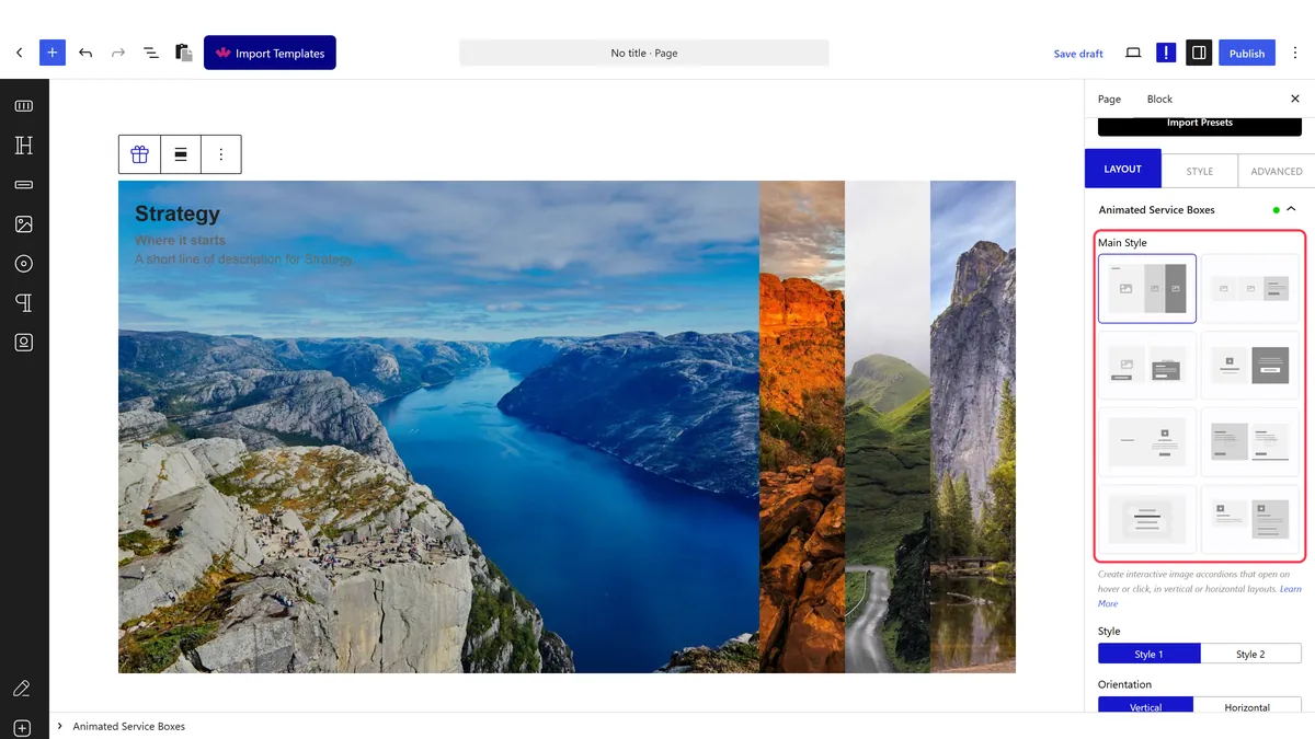 The Main Style setting with all eight layouts