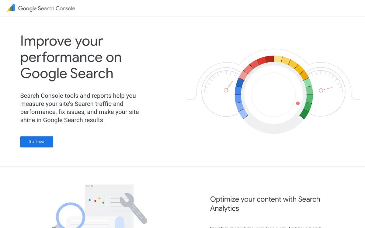 Google Search Console marketing page describing site performance and reporting tools