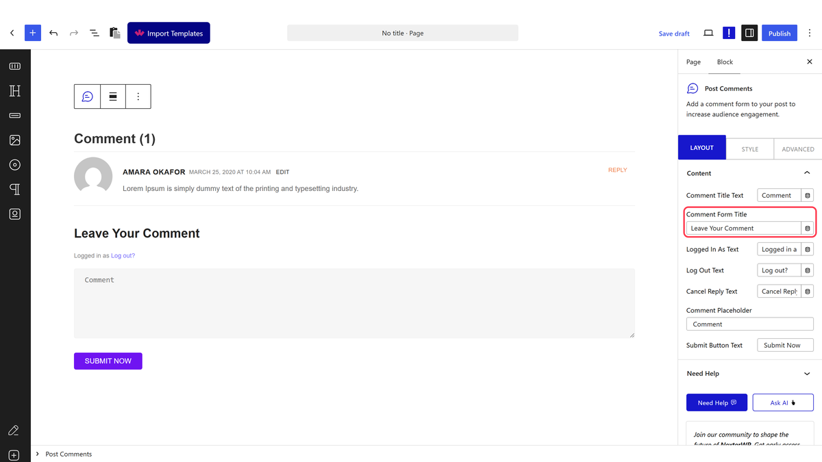 Comment section settings