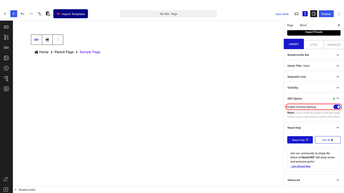 The SEO Option panel with Enable Schema Markup turned on
