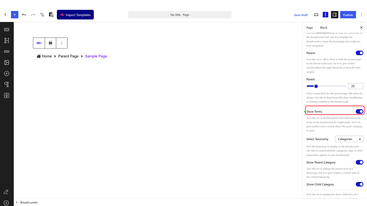 The Show Terms setting with Select Taxonomy, Show Parent Category and Show Child Category