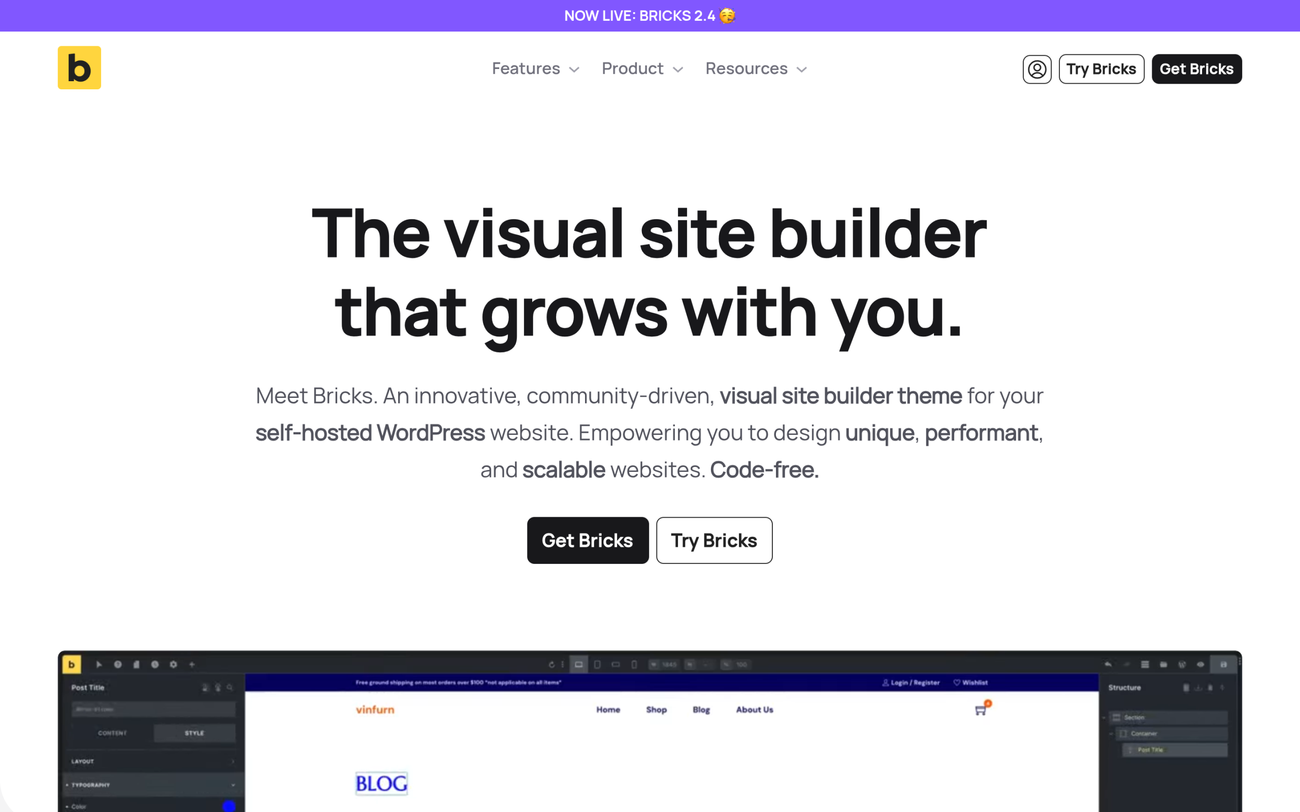 Bricks Builder visual site builder homepage