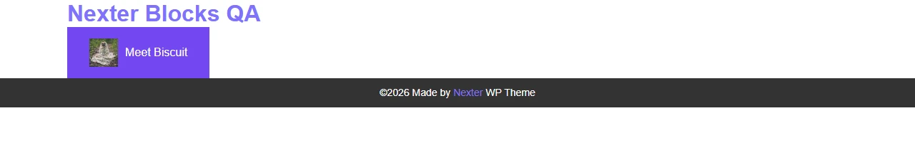 Front end of a Nexter Blocks Button with an image icon before the text Meet Biscuit
