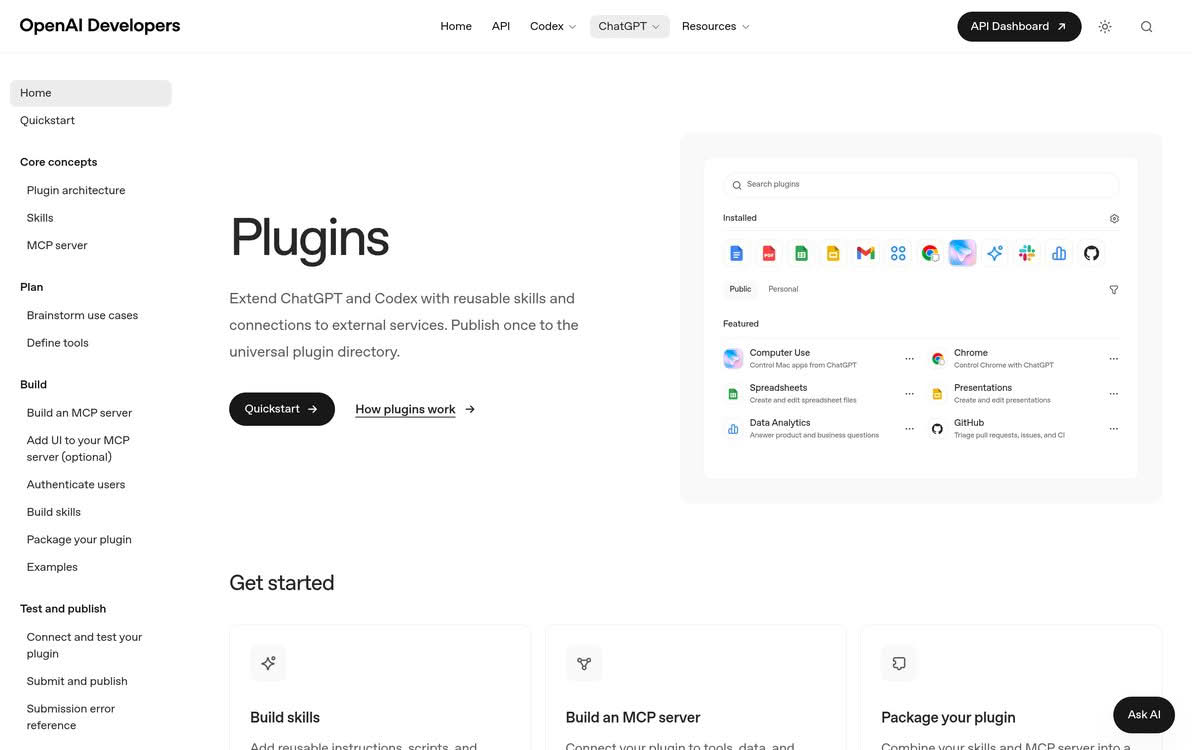 OpenAI Developers documentation page for building ChatGPT plugins and apps with the Apps SDK