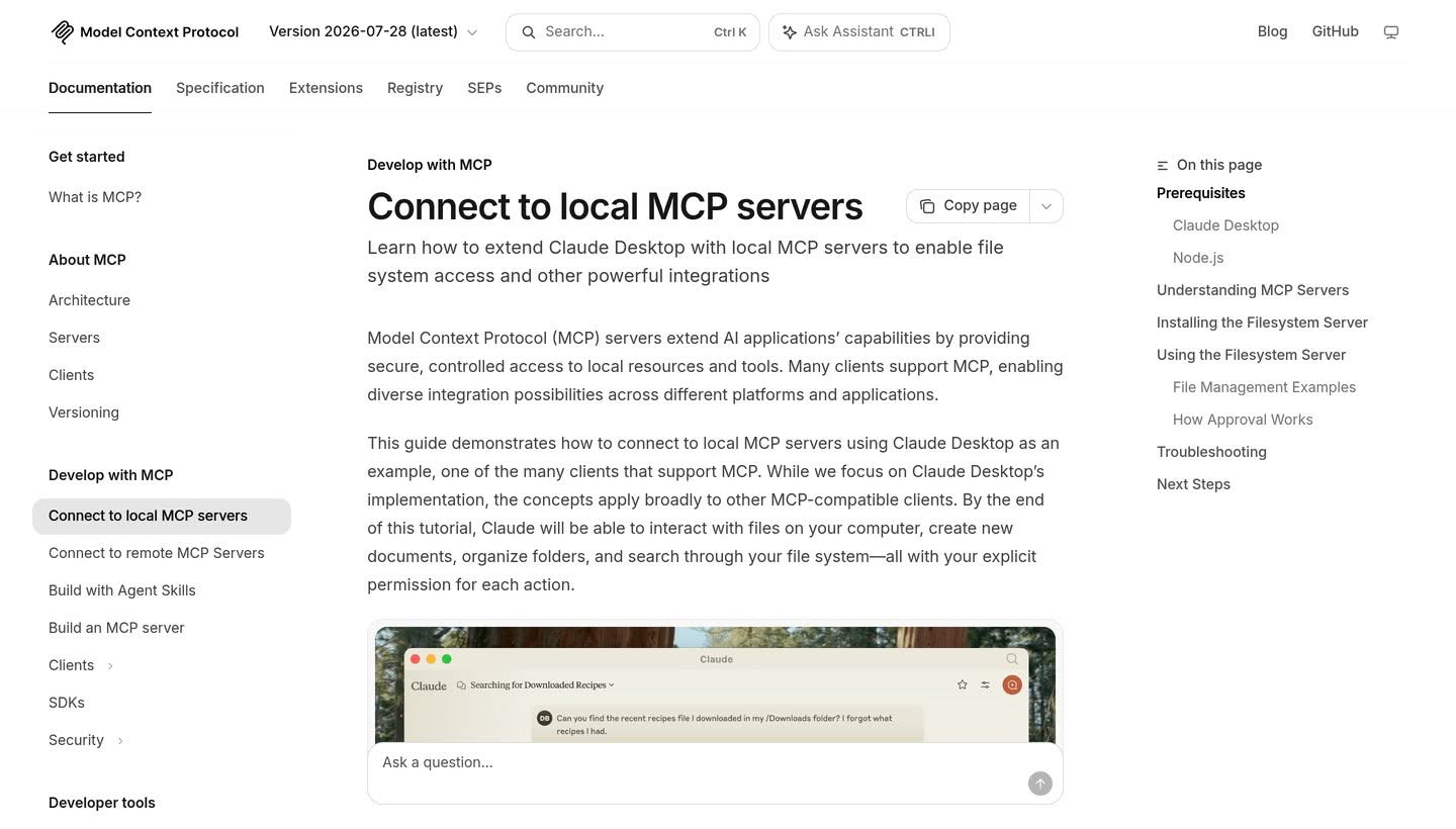 MCP documentation showing where the Claude Desktop configuration file lives and how a local MCP server is added to it