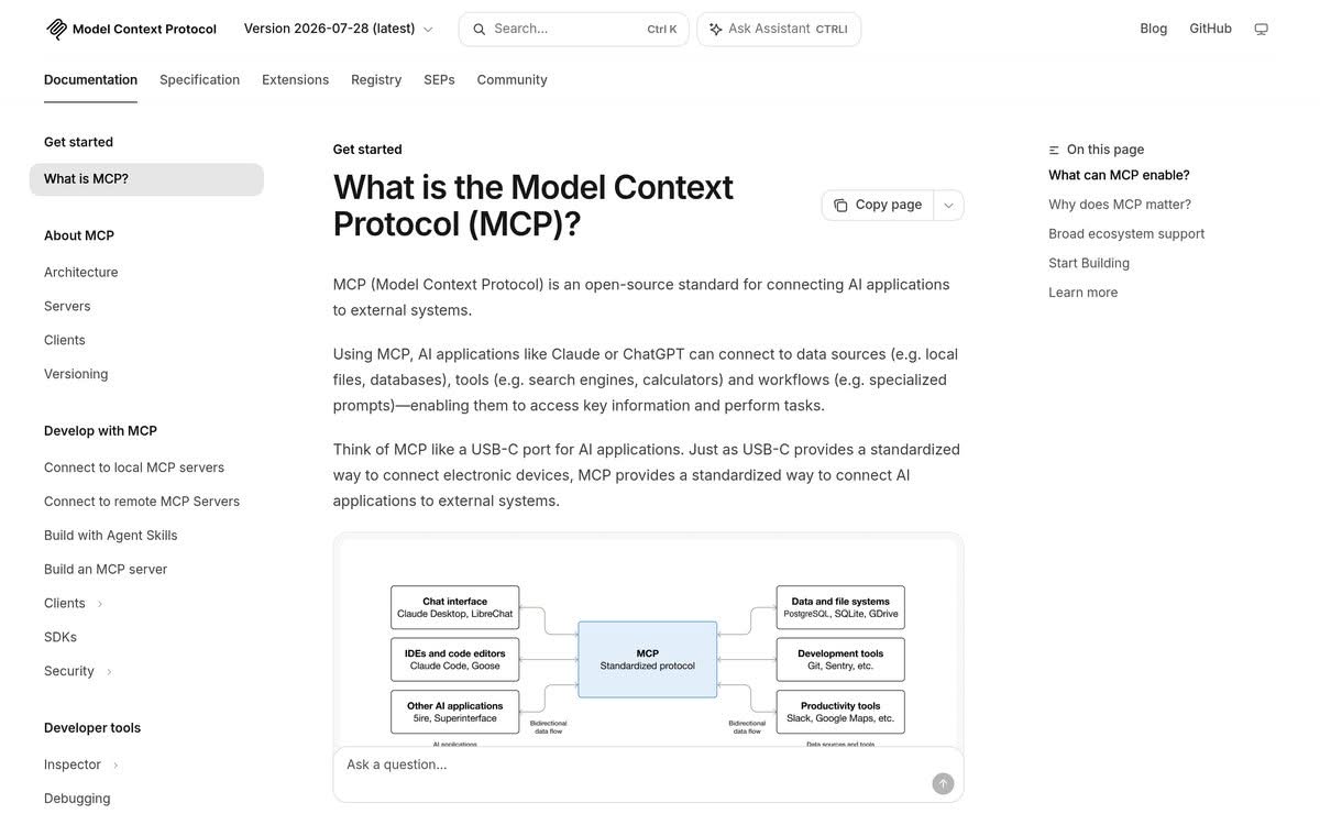 Model Context Protocol official documentation homepage explaining what MCP is