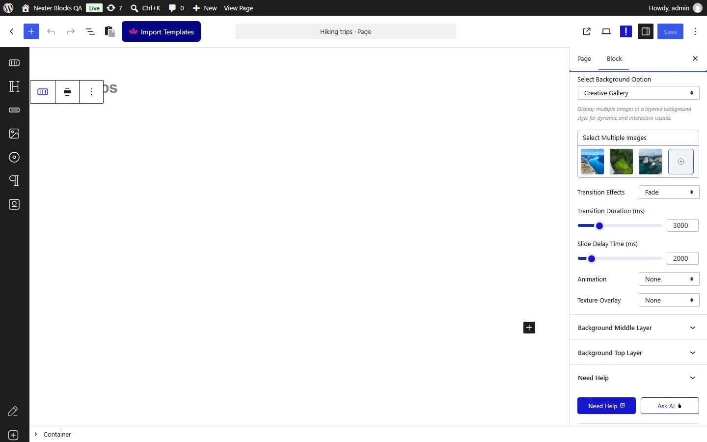 Nexter Blocks Container editor: Style tab, Background Deep Layer set to Creative Gallery with three images, Fade transition, 3000 ms duration and 2000 ms delay