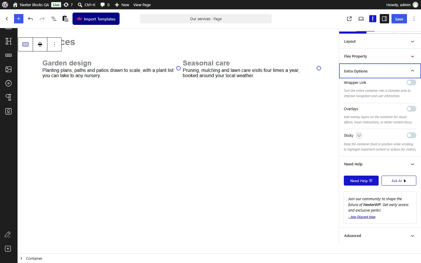 Nexter Blocks Container editor: Extra Options panel with Wrapper Link, Overlays and Sticky